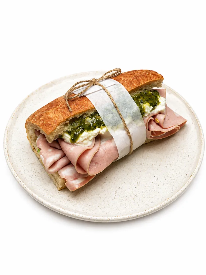 A sandwich with mortadella and stracciatella