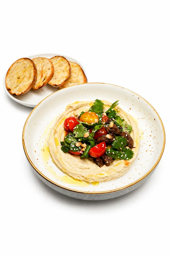 Hummus with beef tenderloin